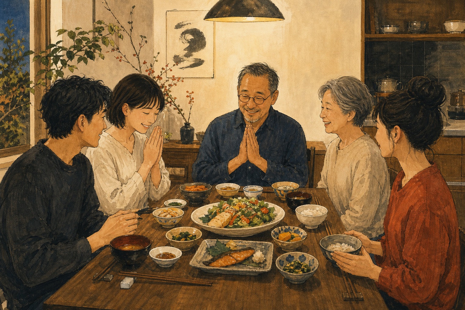 Family and friends pausing together before beginning a meal at a Japanese dining table