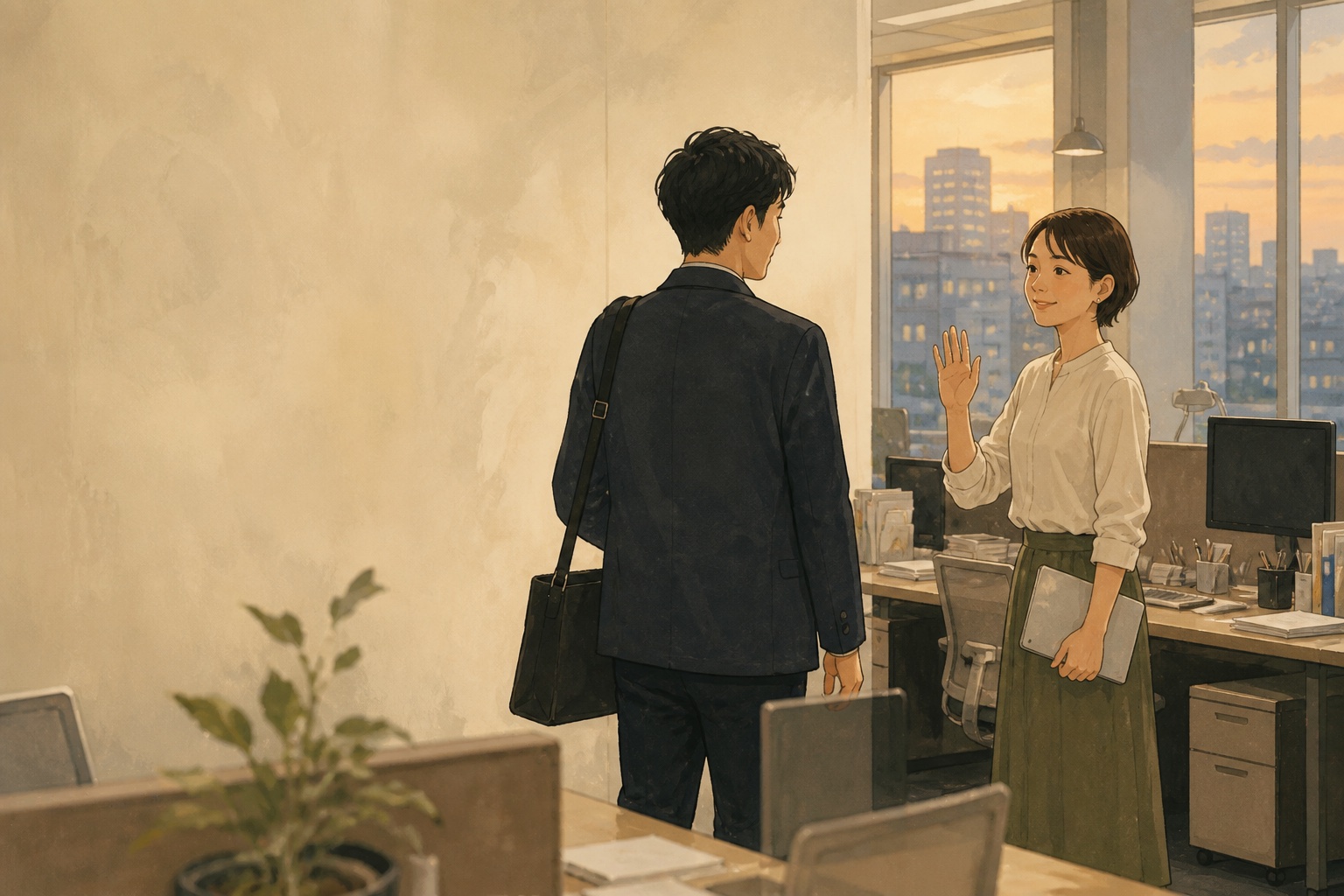 Two coworkers acknowledging each other at the end of a workday in a softly lit office