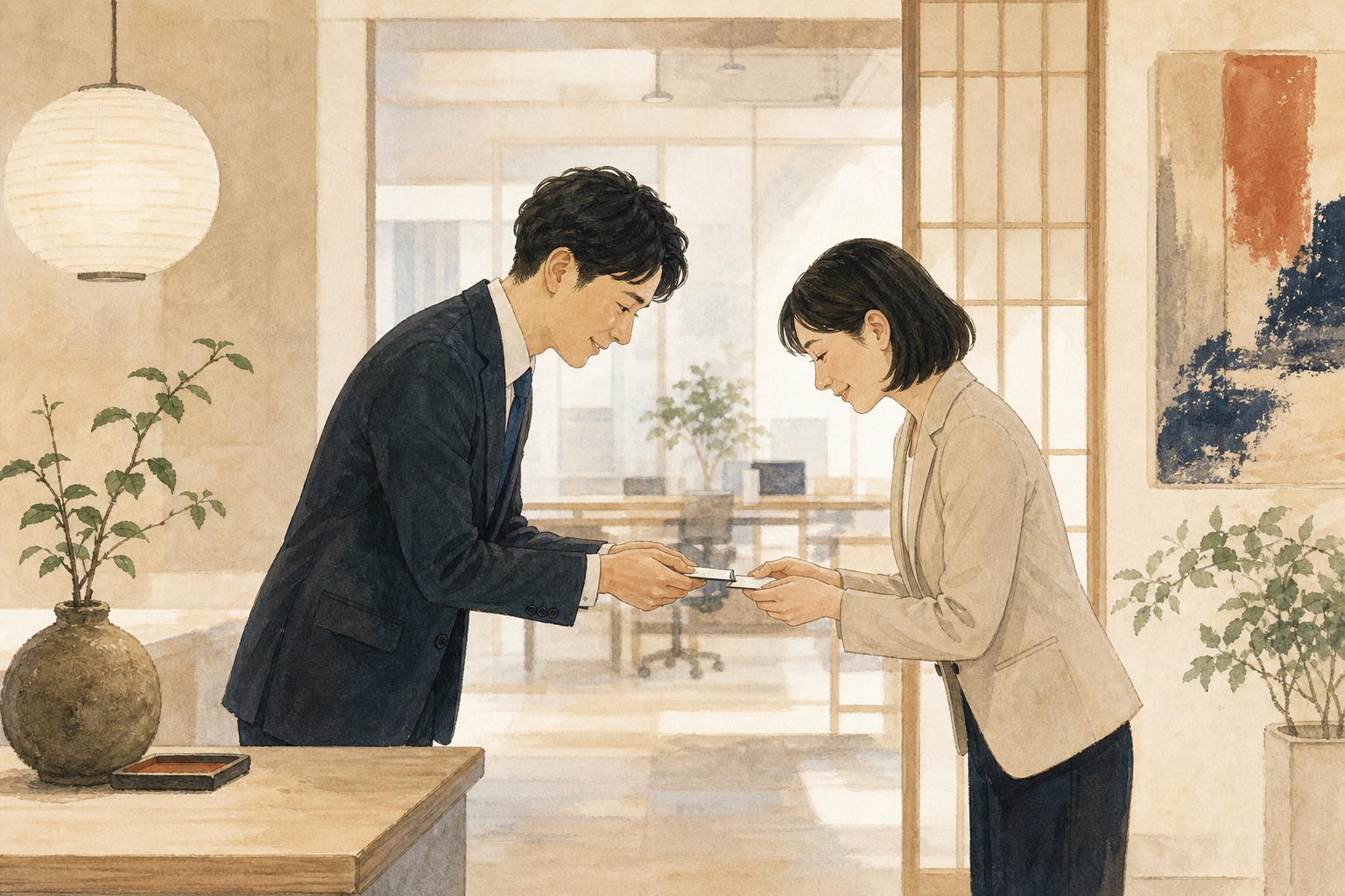 Two professionals exchanging business cards with a respectful bow at their first meeting